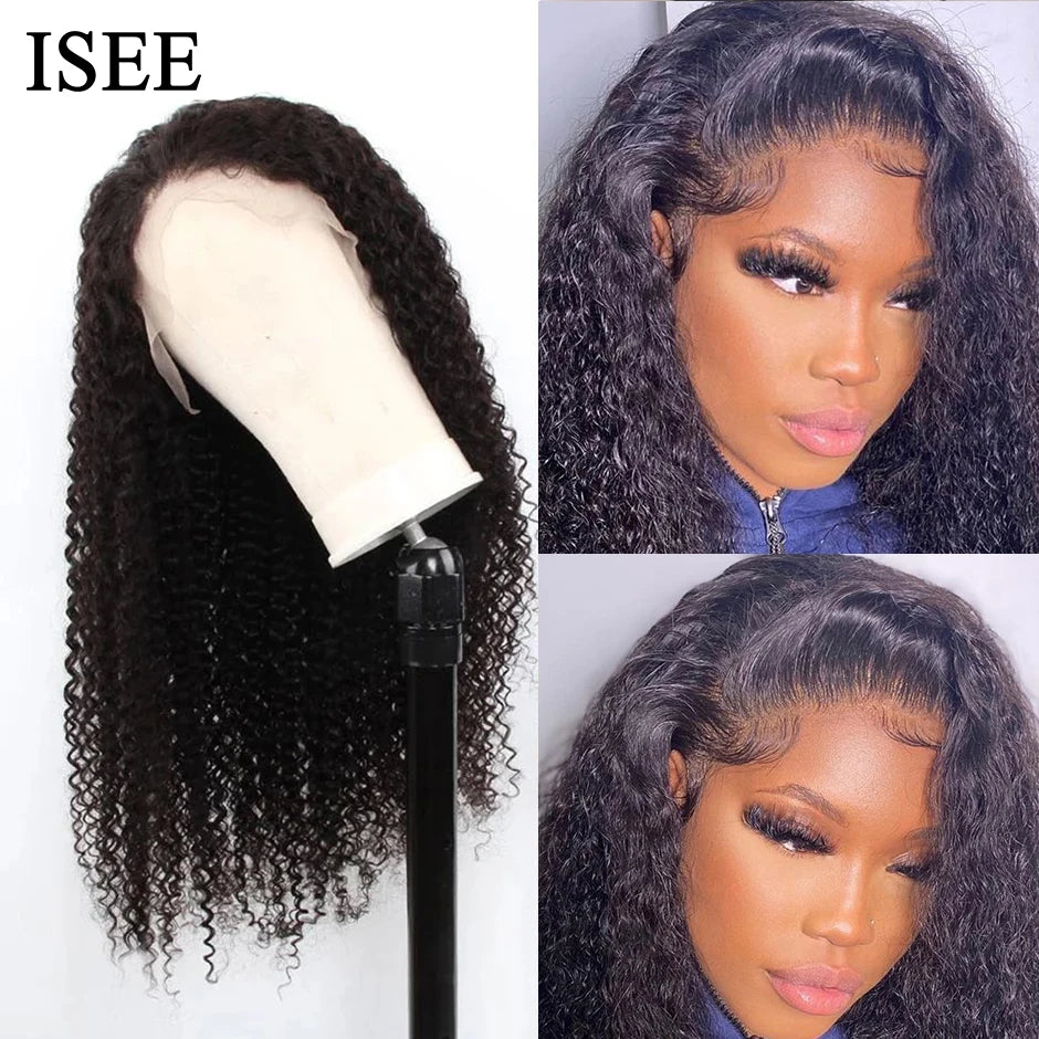 ISEE HAIR Mongolian Kinky Curly Human Hair Wig Deep Curly Lace Front Wigs For Women Kinky Curly Lace Closure Wig Natural Hair