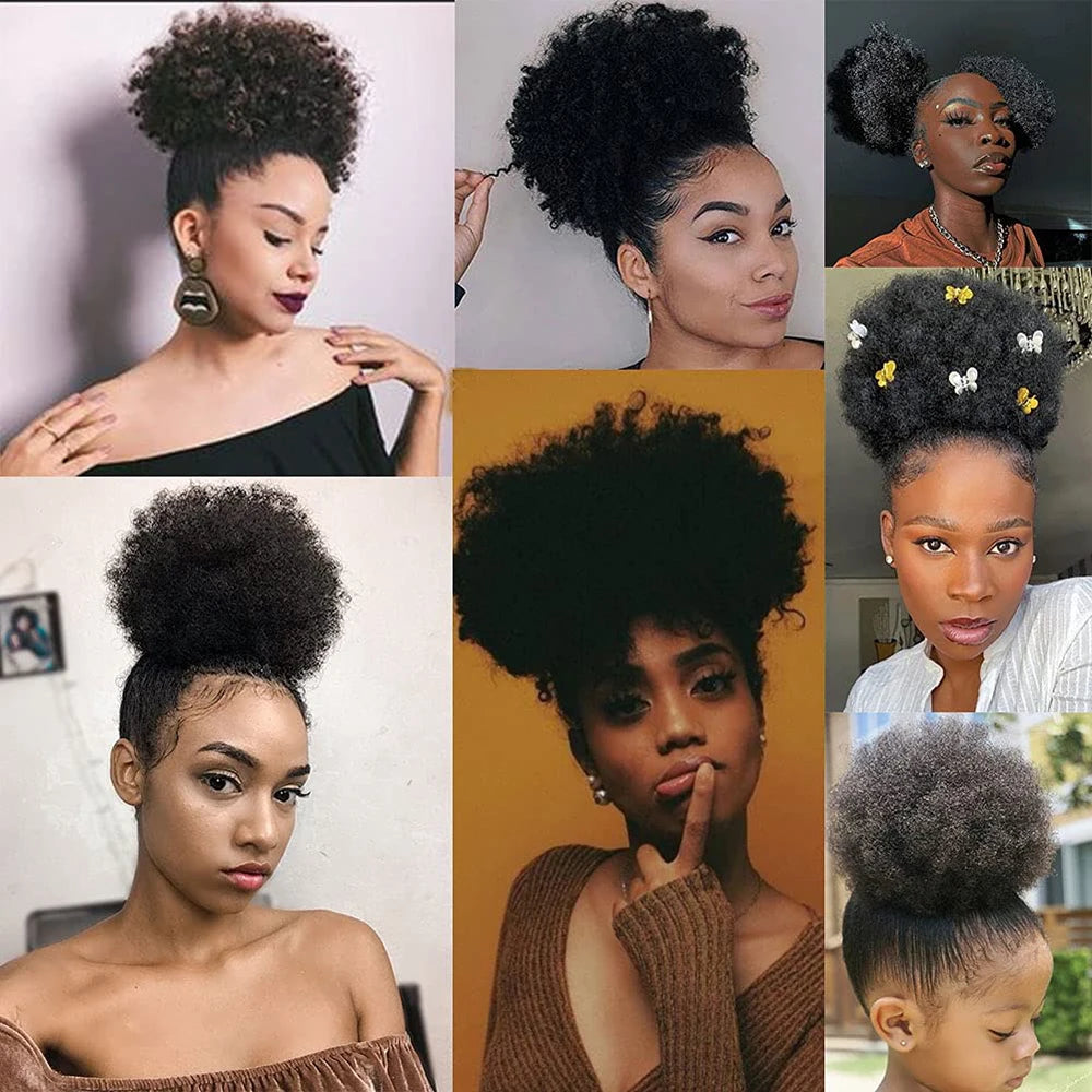 Afro Puff Drawstring Ponytail Kinky Curly Bun Hair 6 Inches Synthetic Short Extensions Clip On Bun Wig For Women Natural Black