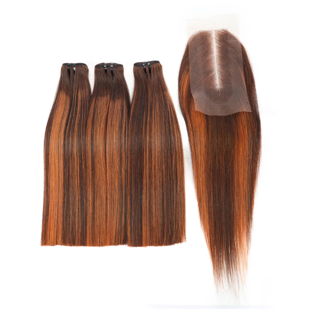 Super Double Draw Bone Straight Human Hair Bundles with Closure HD 2x6 Lace Kim K Honey Brown Color Vietnam Raw Hair Bundles