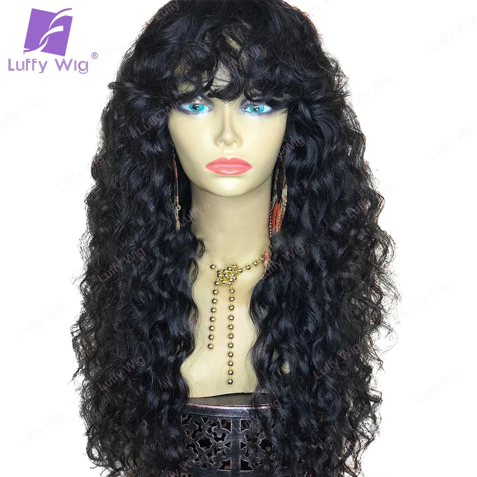 Loose Curly Wigs Human Hair With Bangs Brazilian Remy Hair Scalp Top Curly Bang Wig Glueles 200 Density For Black Women Luffy