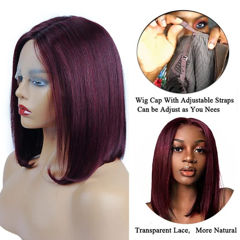 Burgundy Bob Wig Lace Front Human Hair Wigs Pre-Plucked 99J Red Blonde Colored Straight Human Hair Wigs 13x1 Lace Front Wig