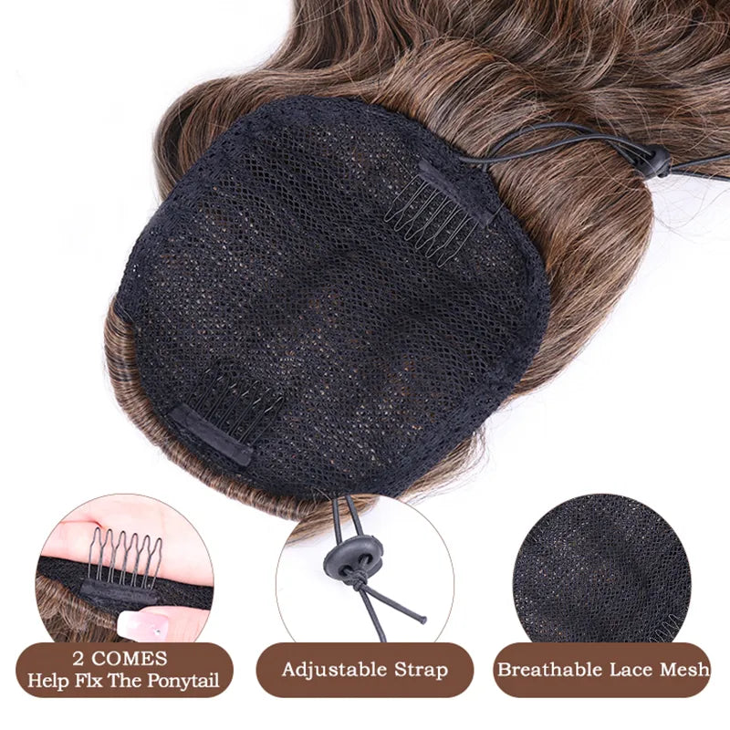 Synthetic Kanekalon Natural Smooth Ocean Body Water Brazilian Wave Straight Loose Curls Drawstring Ponytails Hair Extensions