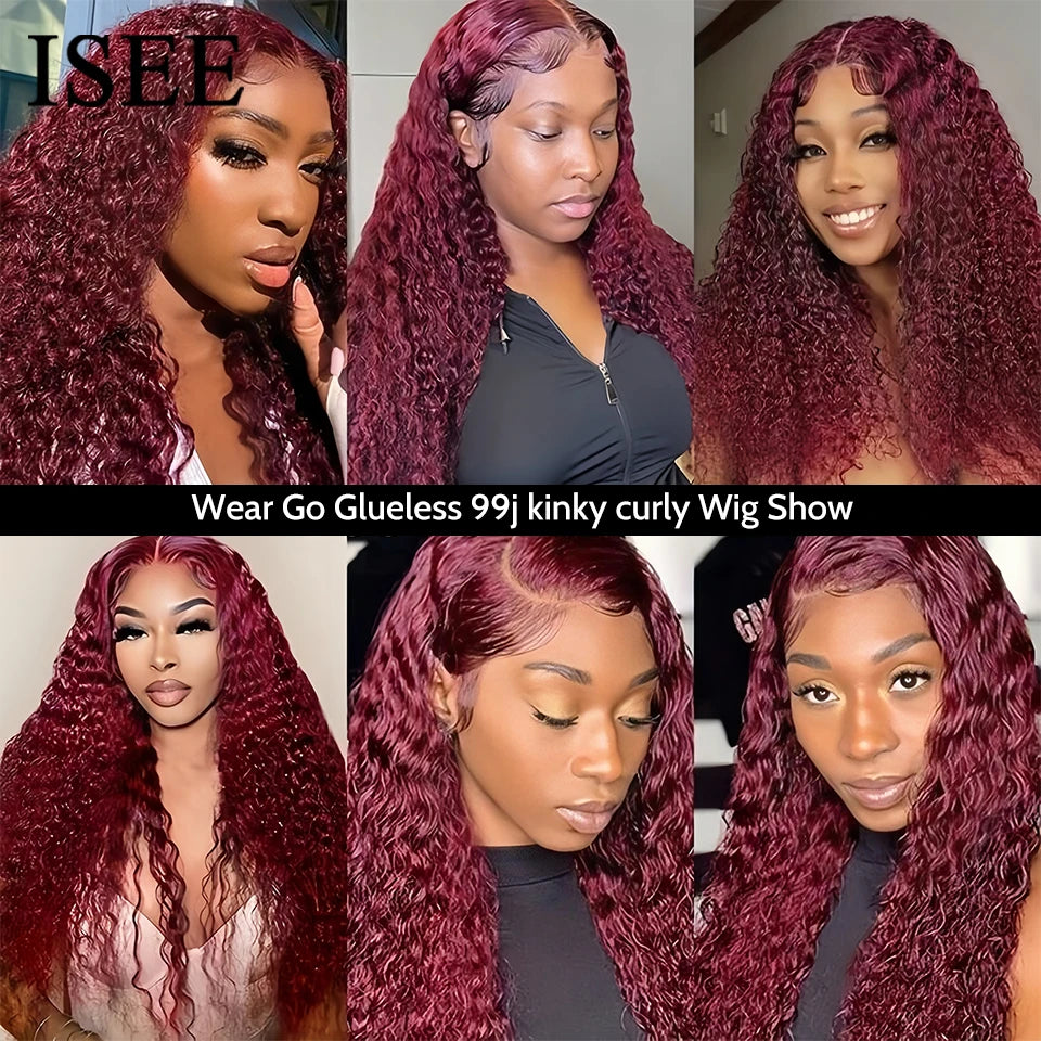 Wear And Go Glueless Human Hair Wig Pre Cut ISEE Mongolian Kinky Curly 99j Burgundy 6x4 Lace Glueless Wigs Ready to wear