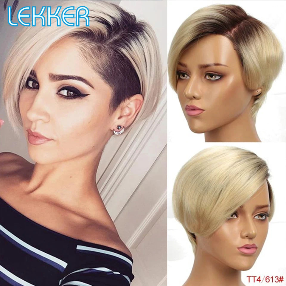 Lekker Pixie Lace Part Human Hair Short Straight Bob Wig With Bangs For Women Brazilian Remy Natural Glueles Ombre Pink Grey Wig