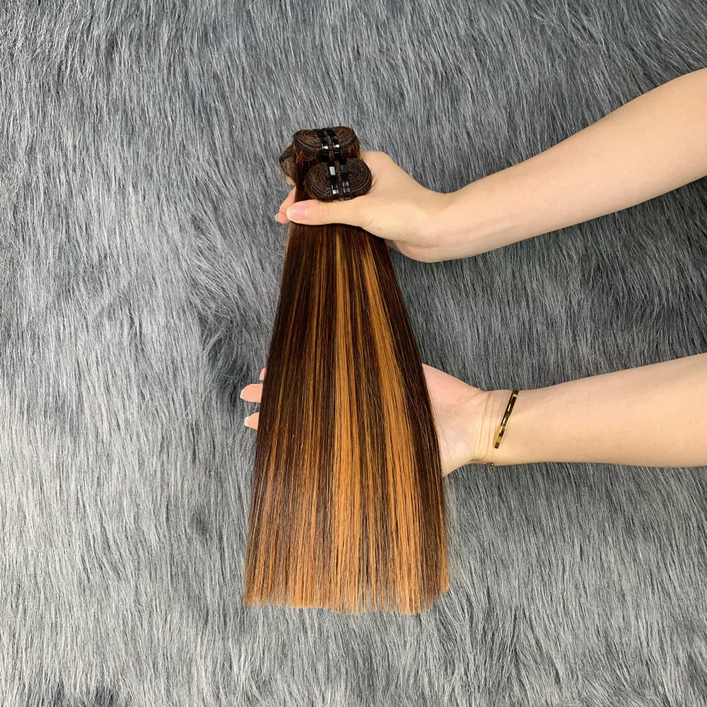 Super Double Draw Bone Straight Human Hair Bundles with Closure HD 2x6 Lace Kim K Honey Brown Color Vietnam Raw Hair Bundles