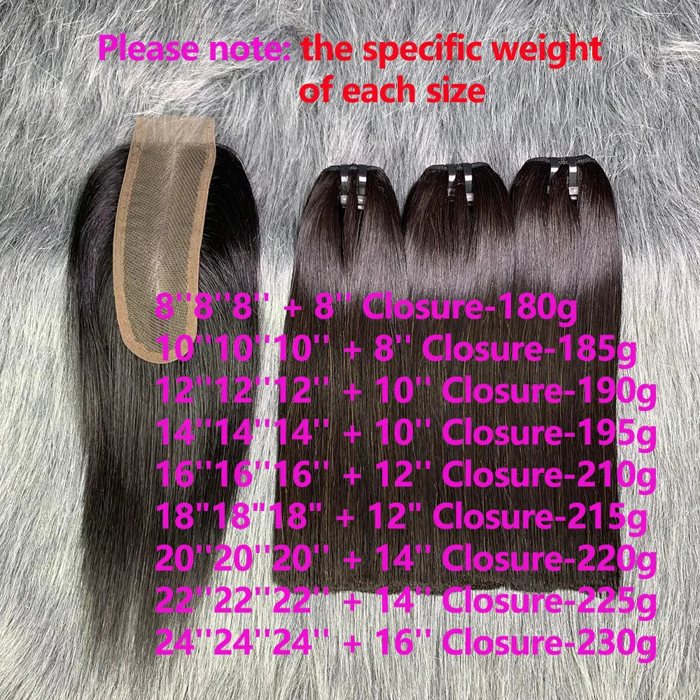 Bone Straight Raw Human Hair Bundles 100% 12A Straight Raw Human Hair Nature Black 3bundles with Closure 2x6 Lace Kim K Closure