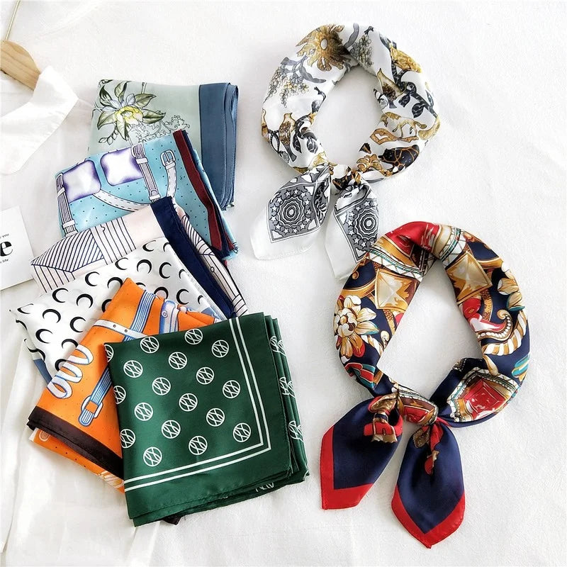 Fashion Summer Square Silk Hair Scarf for Women French Design Print Small Neck Scarfs Female Neckerchief Scarves Headbands