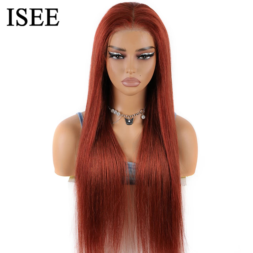 Wear And Go Glueless Human Hair Wig ISEE Malaysian Straight 6x4 Reddish Brown Color #33  Lace Front Glueless Wigs Ready To Wear