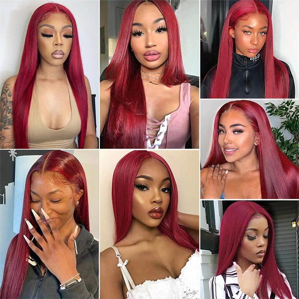 99J Burgundy Brazilian Straight Hair 13x6 Lace Front Human Hair Wigs  Red Colored Pre-Plucked Lace Frontal Wigs For Women