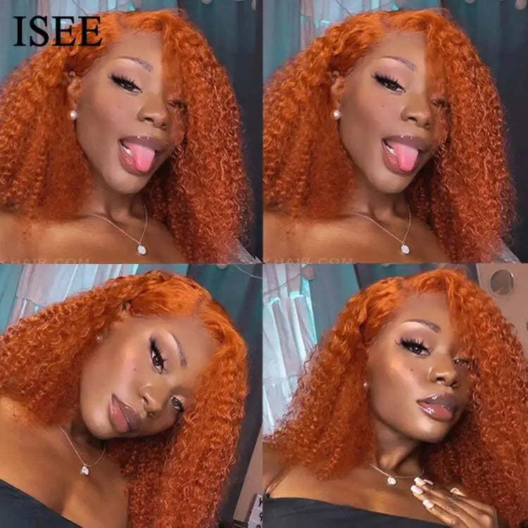 ISEE HAIR Ginger Curly Bob Wigs for Women Mongolian Kinky Curly Human Hair Short Bob Lace Front Wig Curly Ginger Lace Front Wigs