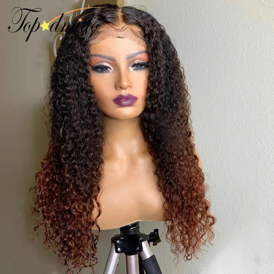 Topodmido Ombre Brown Color 13x6 Lace Front Wig with Middle Part Curly Peruvian Hair 13x4 Transparent Lace Wig for Woman Glueles