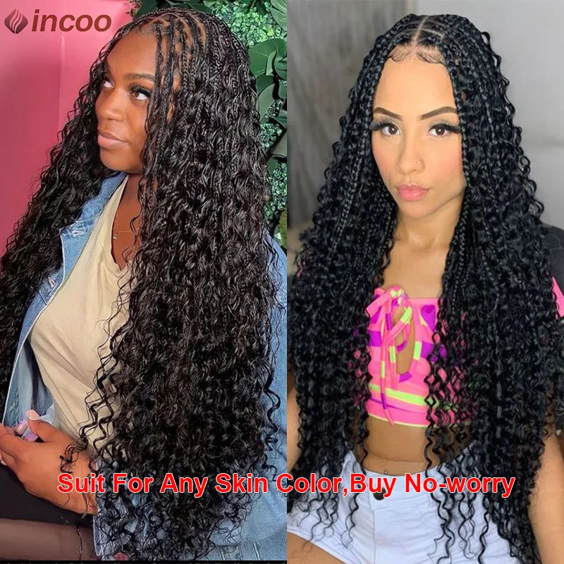 Long 32 Boho Braided Full Lace Front Wigs 613 Blonde Curly Goddess Locs Wigs Pre Plucked With Baby Hair Synthetic Box Braids Wig