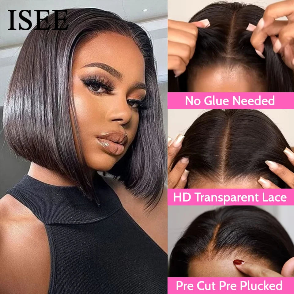 Wear Go Human Hair Wigs Pre Cut PrePlucked Bone Straight Bob Wigs ISEE Hair Transparent 4X4 Lace Front Glueless Wig Ready To Go