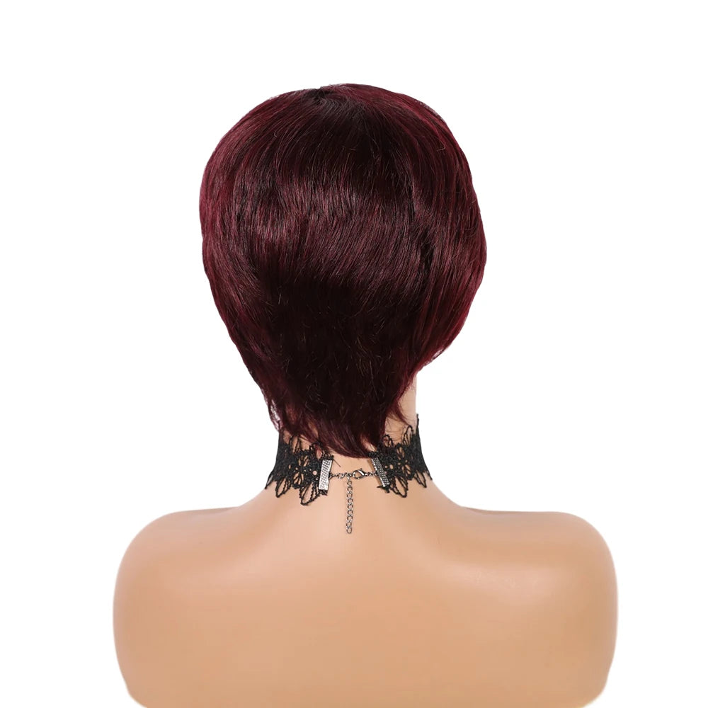 Wear Go Glueles Short Human Hair Wigs Pixie Cut Straight Remy Brazilian Hair for Black Women Machine Made Highlight Color Wig