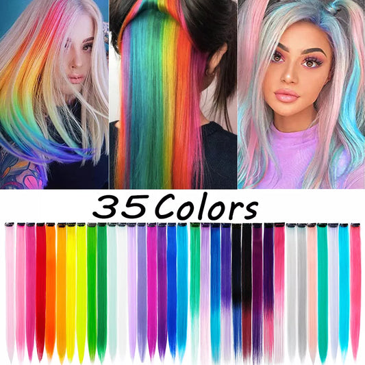 10 Packs Straight Colored Clip In One Piece Hair Extensions 22inch Rainbow Color Synthetic Girls Fake False Clip on Hair Pieces
