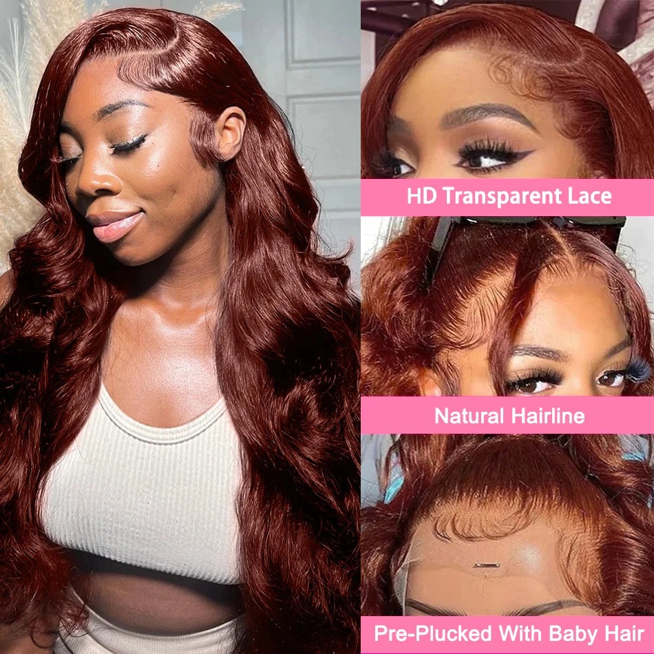 Reddish Brown Lace Front Human Hair Wigs Body Wave 13x6 HD Lace Frontal Wig Preplucked Dark Red Brown 13x4 Lace Front Wig OnSale