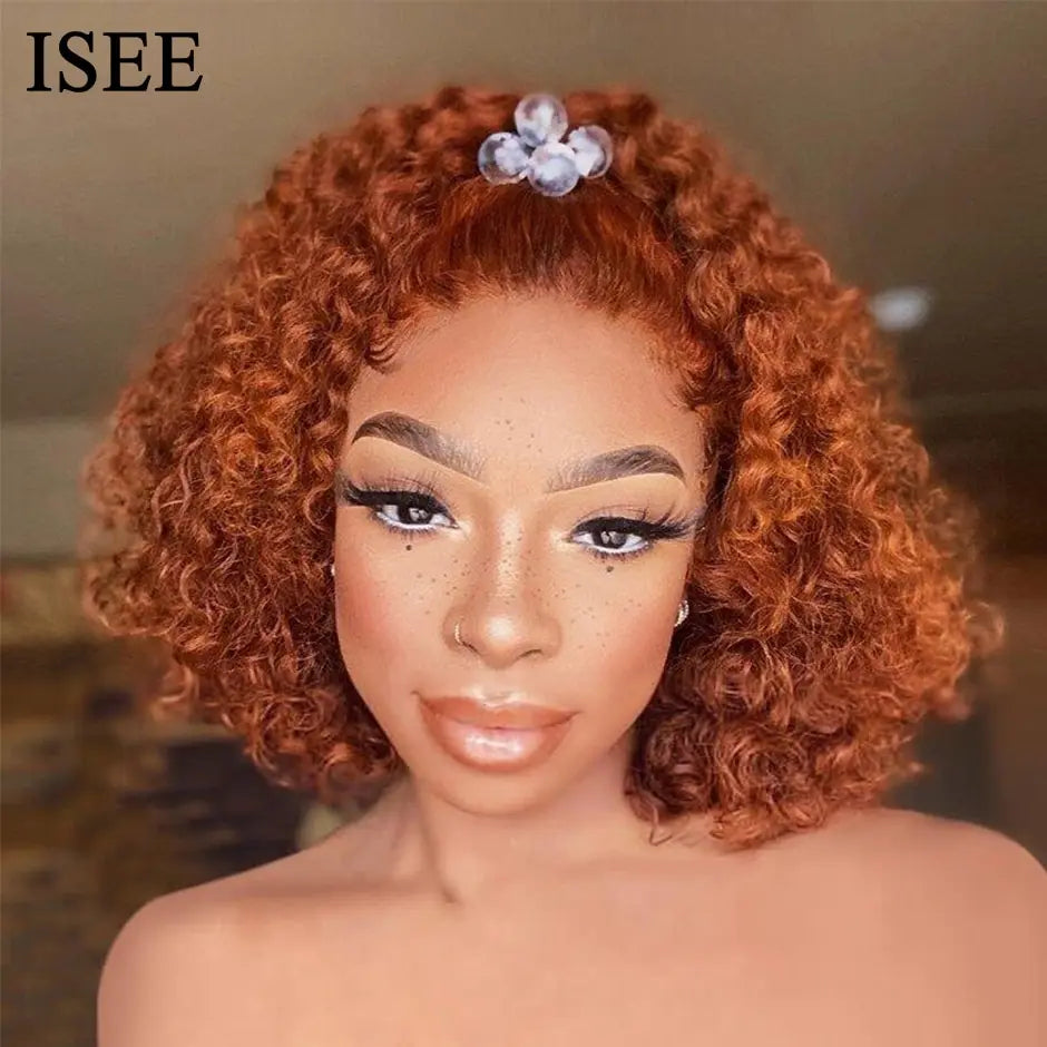 ISEE HAIR Ginger Curly Bob Wigs for Women Mongolian Kinky Curly Human Hair Short Bob Lace Front Wig Curly Ginger Lace Front Wigs