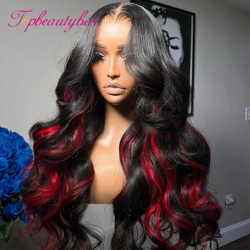 13x4 Body Wave Lace Frontal Wig Transparent Highlight Red Colored Human Hair Lace Frontal Wig 180 Density Brazilian Remy Hair