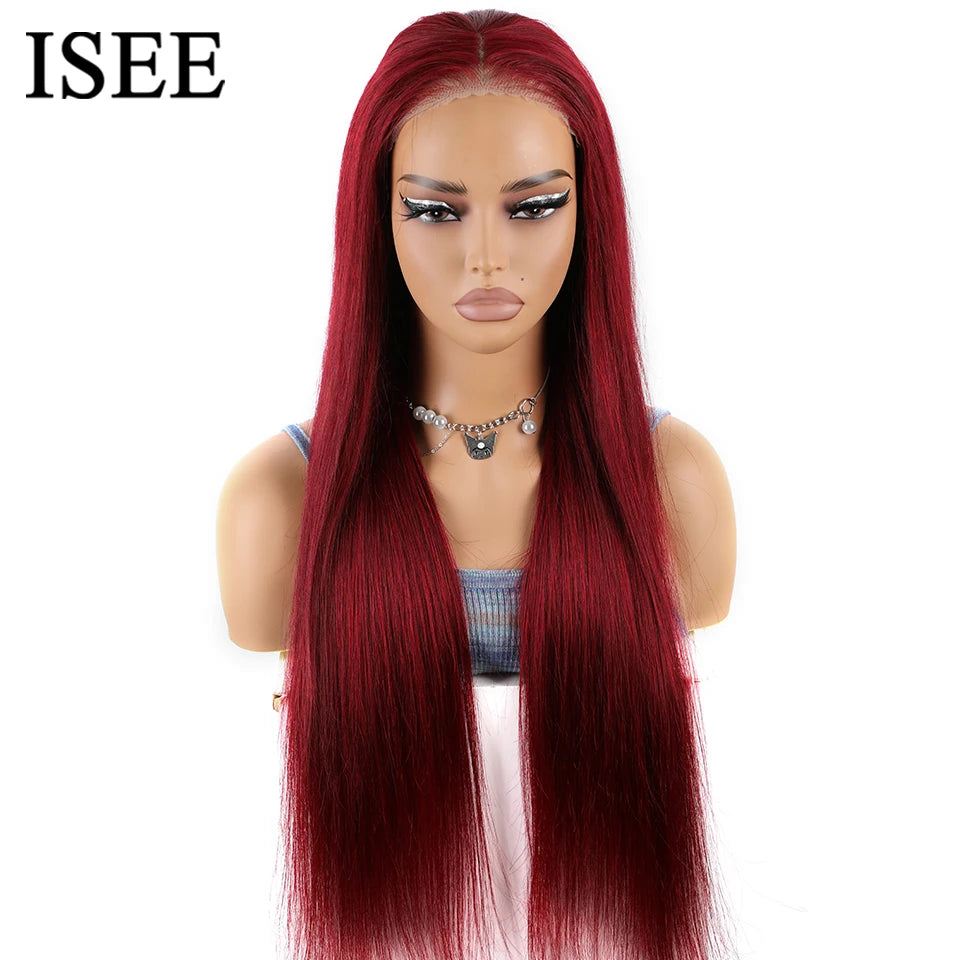 Wear And Go Glueless Human Hair Wig ISEE Peruvian Straight 99j Burgundy 6x4 Lace Glueless Human Hair Wig Ready To Wear Pre Cut