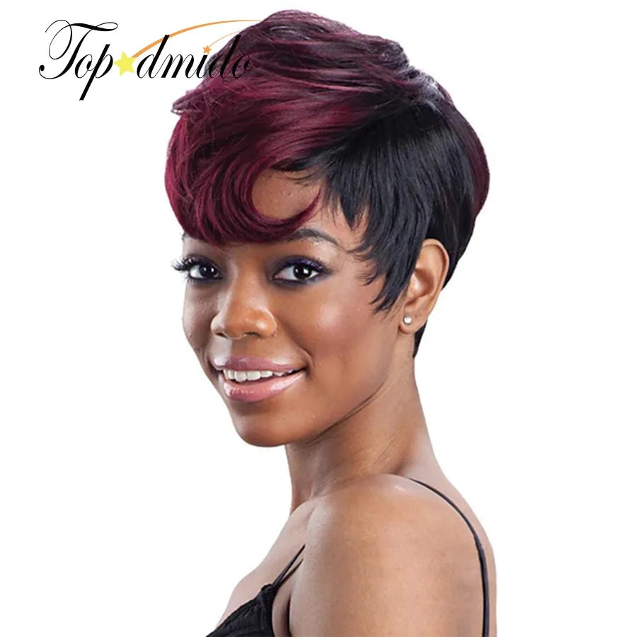 Topodmido 99J Ombre Color  Short Cut  Peruvian Hair Wig with Bangs Glueles Transparent Lace Short Hair Wig Pixie Wig for Woman