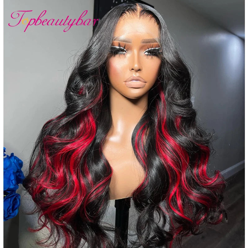 13x4 Body Wave Lace Frontal Wig Transparent Highlight Red Colored Human Hair Lace Frontal Wig 180 Density Brazilian Remy Hair