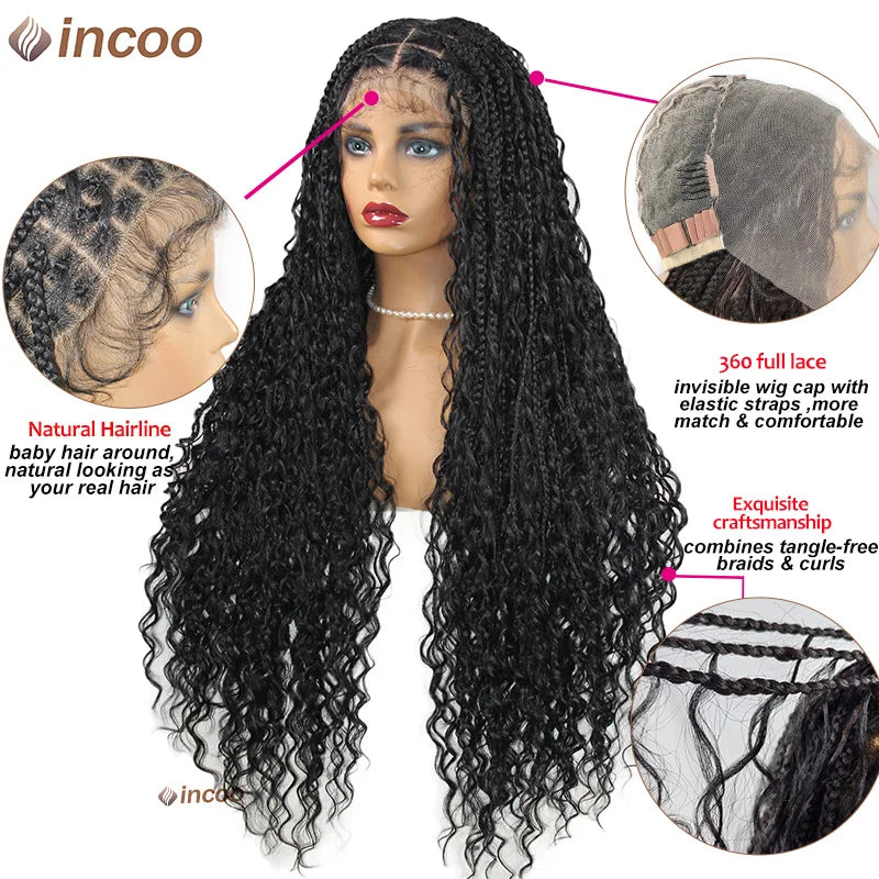 Long 32 Boho Braided Full Lace Front Wigs 613 Blonde Curly Goddess Locs Wigs Pre Plucked With Baby Hair Synthetic Box Braids Wig