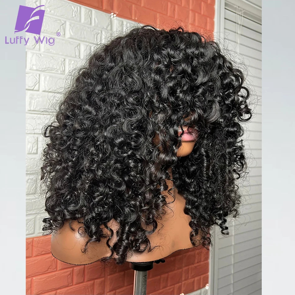 Short Curly Bob Wig With Bangs Brazilian Remy Human Hair Bouncy Curly Bang Wigs Glueles Full 200 Density For Black Women Luffy