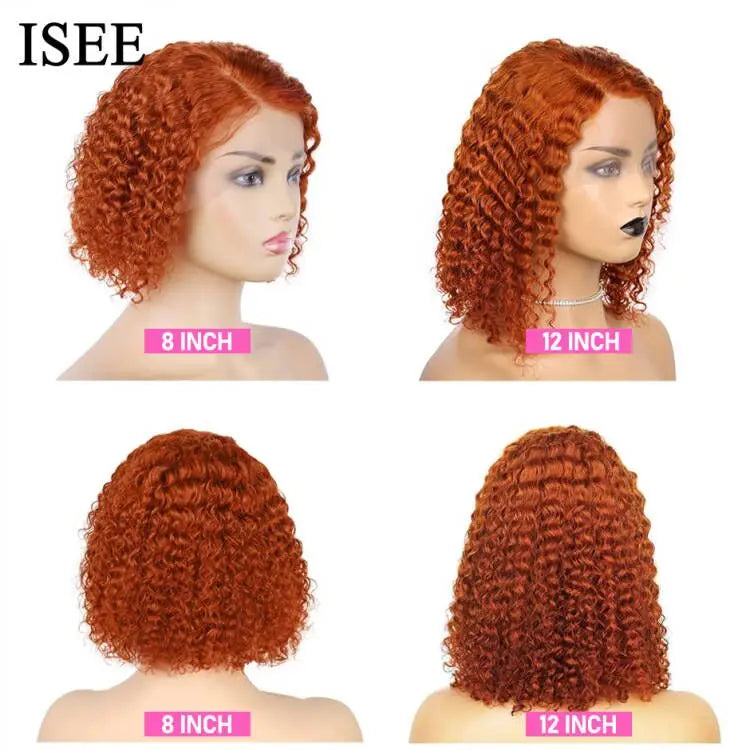 ISEE HAIR Ginger Curly Bob Wigs for Women Mongolian Kinky Curly Human Hair Short Bob Lace Front Wig Curly Ginger Lace Front Wigs