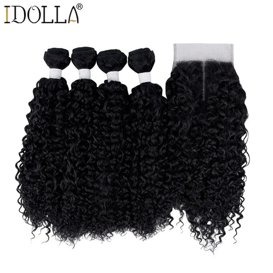 Synthetic Hair Weave 16inch 5Pieces/Lot Afro Kinky Curly Hair Bundles With Closure Synthetic Hair Extensions For Black Woman