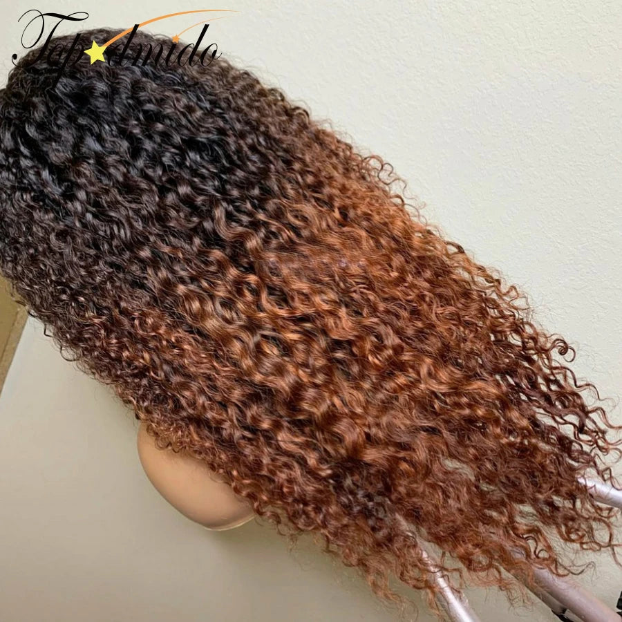 Topodmido Ombre Brown Color 13x6 Lace Front Wig with Middle Part Curly Peruvian Hair 13x4 Transparent Lace Wig for Woman Glueles