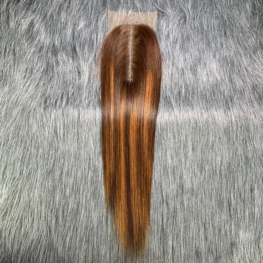 Super Double Draw Bone Straight Human Hair Bundles with Closure HD 2x6 Lace Kim K Honey Brown Color Vietnam Raw Hair Bundles