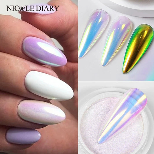 NICOLE DIARY Aurora Nail Powder White Chrome Pigment Pearl Rubbing Dust Mirror Effect Nail Art Glitter Manicure Nail Accessories