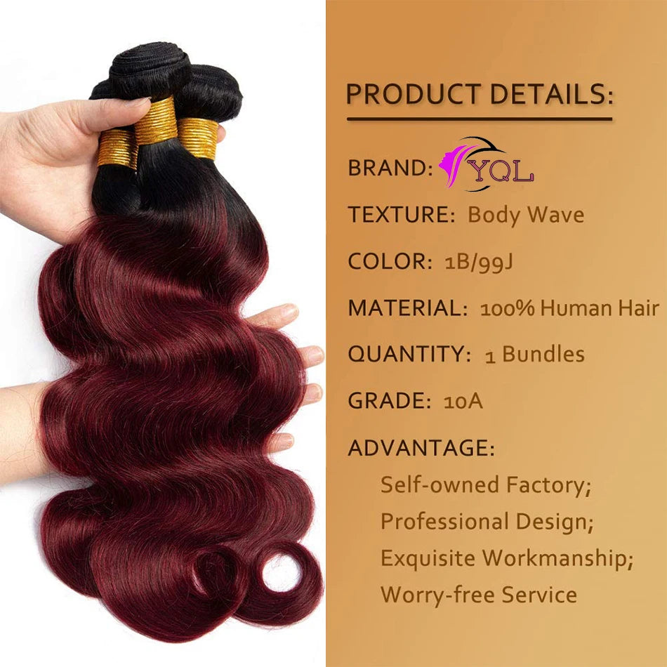 12A Ombre Burgundy Body Wave Hair Bundles Colored Brazilian 1B/99J Human Hair Weave Bundles Remy human Hair Extensions