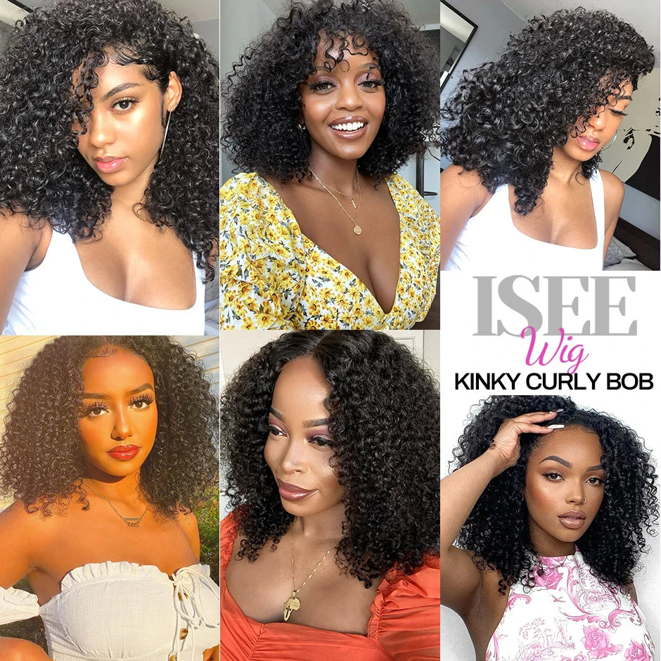 ISEE HAIR Mongolian Curly Lace Front Wigs For Women Kinky Curly Lace Closure Wig 4X4 Lace Closure Bob Wig Curly Human Hair Wigs