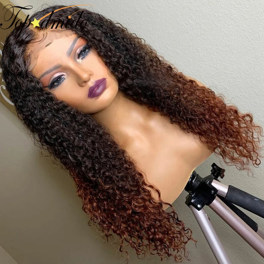 Topodmido Ombre Brown Color 13x6 Lace Front Wig with Middle Part Curly Peruvian Hair 13x4 Transparent Lace Wig for Woman Glueles