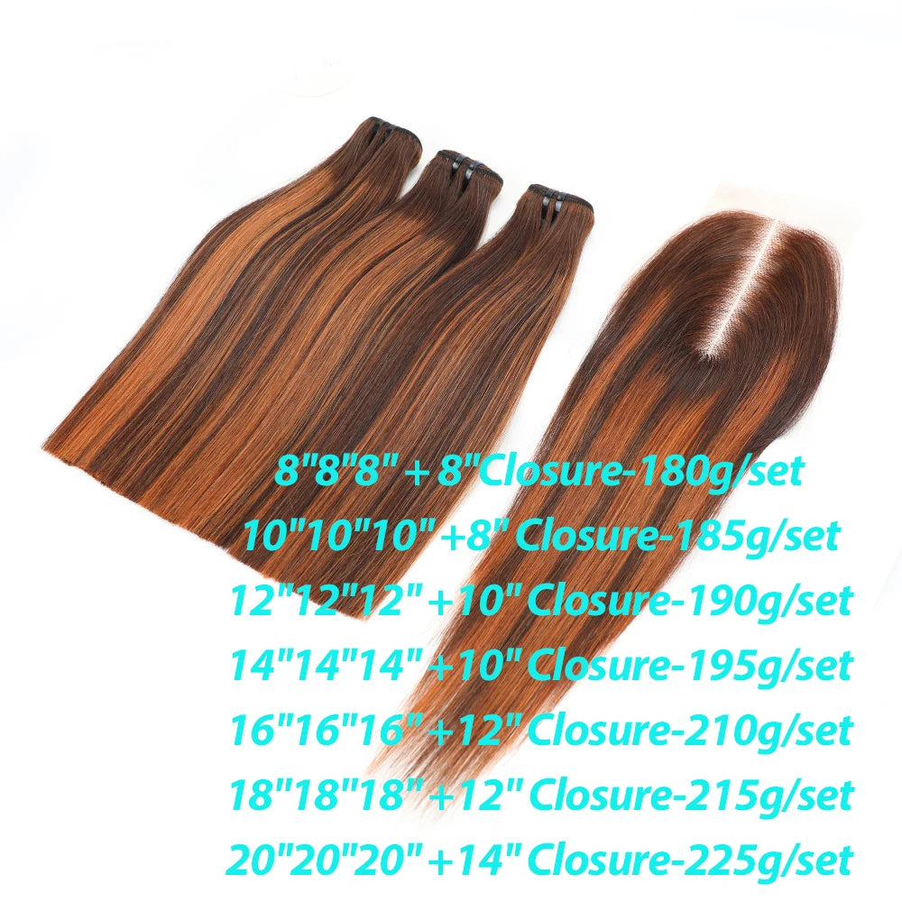 Super Double Draw Bone Straight Human Hair Bundles with Closure HD 2x6 Lace Kim K Honey Brown Color Vietnam Raw Hair Bundles