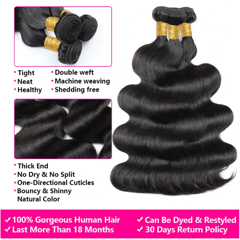 12A Body Wave Bundles 1/3/4 Bundles Deal 100% Raw Human Hair Extensions Peruvian Hair Weaving Natural Black Virgin Hair 30 Inch