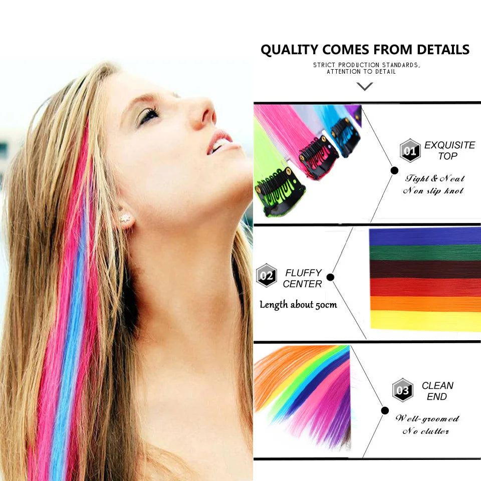 10 Packs Straight Colored Clip In One Piece Hair Extensions 22inch Rainbow Color Synthetic Girls Fake False Clip on Hair Pieces