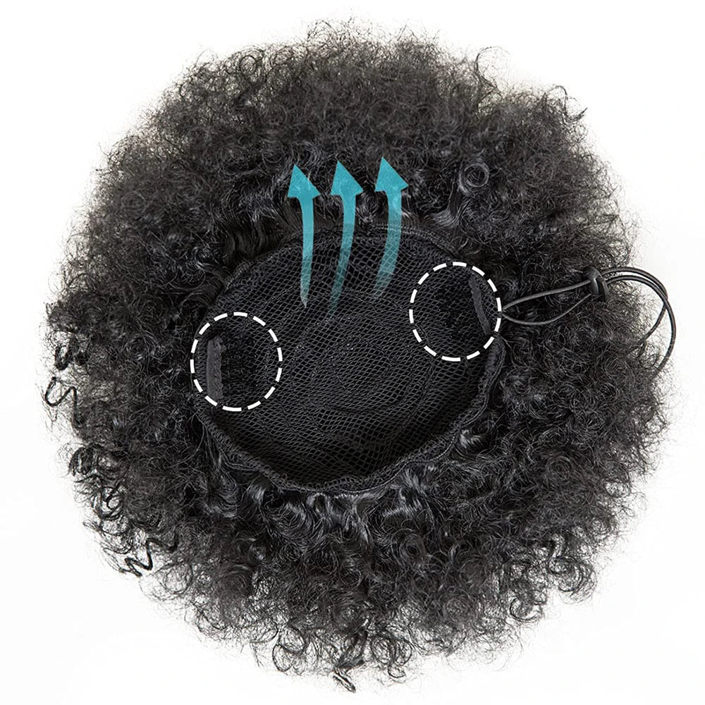 Afro Puff Drawstring Ponytail Kinky Curly Bun Hair 6 Inches Synthetic Short Extensions Clip On Bun Wig For Women Natural Black