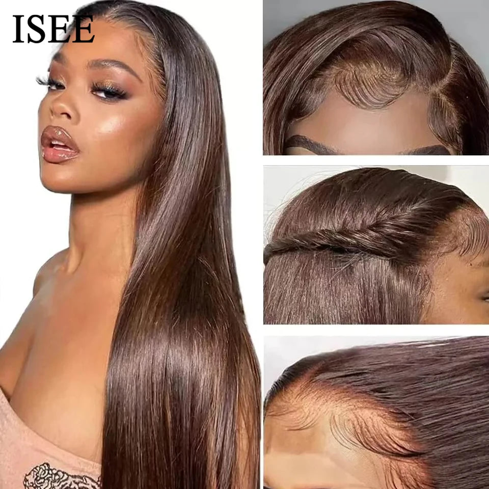 ISEE Hair Colored Wigs Chocolate Brown Lace Front Wig Malaysian Straight Transparent Lace Frontal Wig Human Hair 4x4 Closure Wig