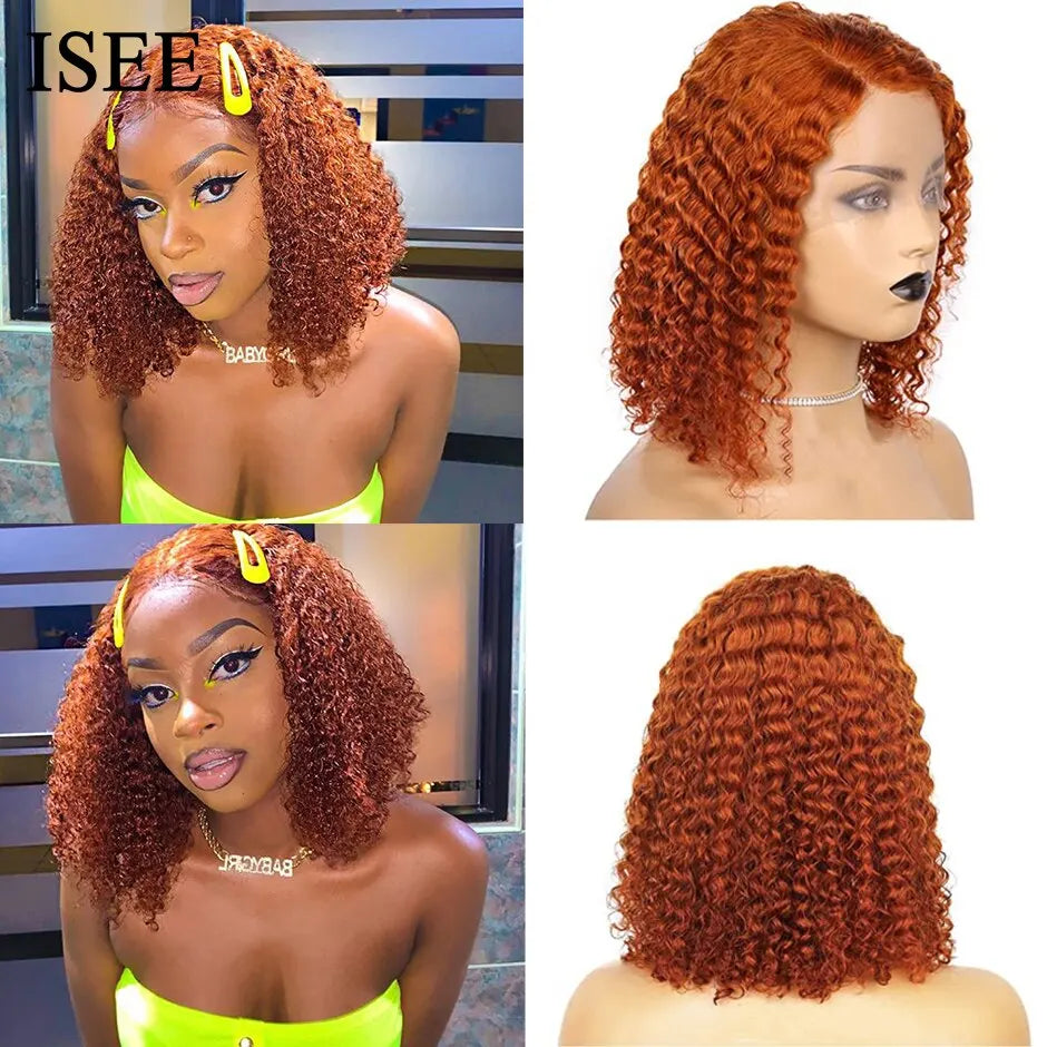 ISEE HAIR Ginger Curly Bob Wigs for Women Mongolian Kinky Curly Human Hair Short Bob Lace Front Wig Curly Ginger Lace Front Wigs