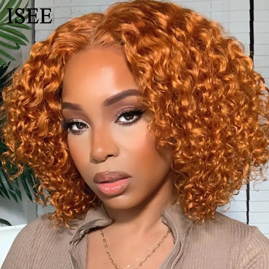 ISEE HAIR Ginger Curly Bob Wigs for Women Mongolian Kinky Curly Human Hair Short Bob Lace Front Wig Curly Ginger Lace Front Wigs