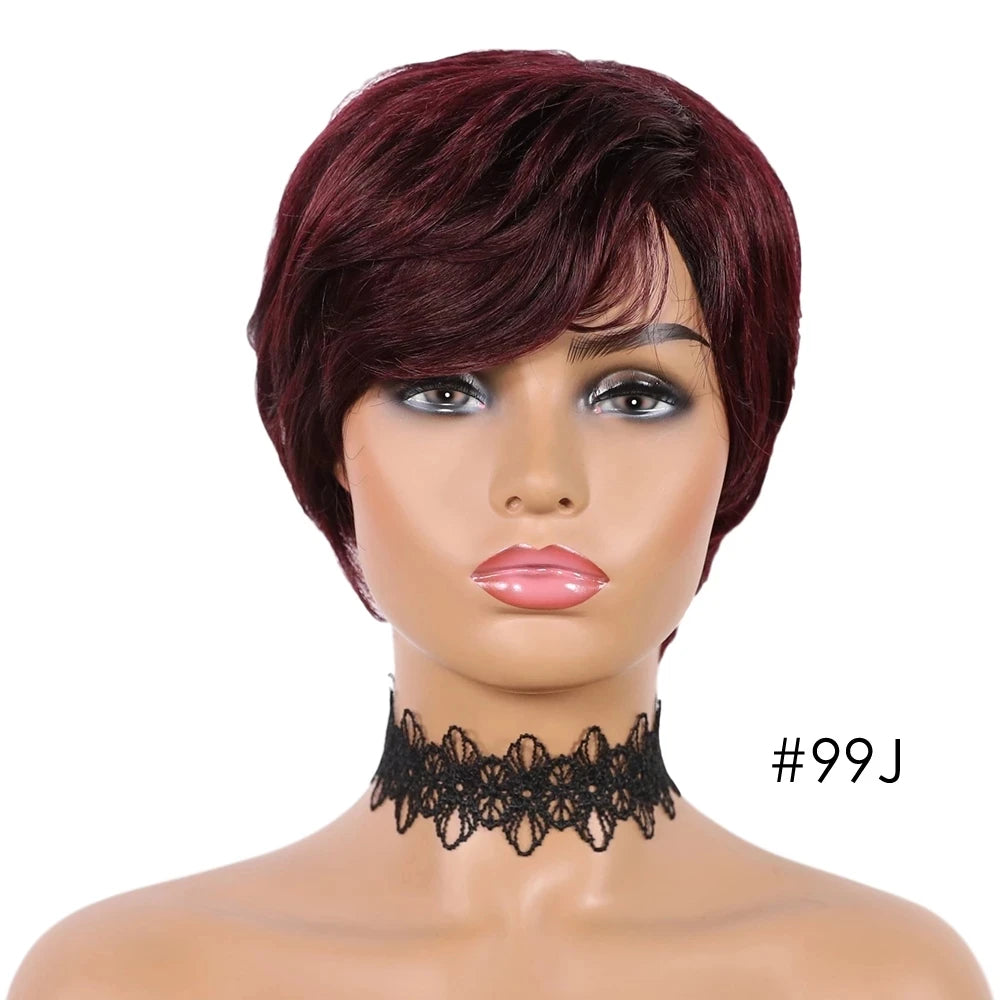 Wear Go Glueles Short Human Hair Wigs Pixie Cut Straight Remy Brazilian Hair for Black Women Machine Made Highlight Color Wig