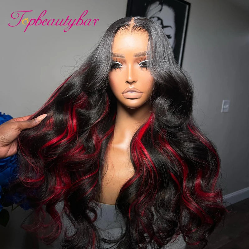 13x4 Body Wave Lace Frontal Wig Transparent Highlight Red Colored Human Hair Lace Frontal Wig 180 Density Brazilian Remy Hair