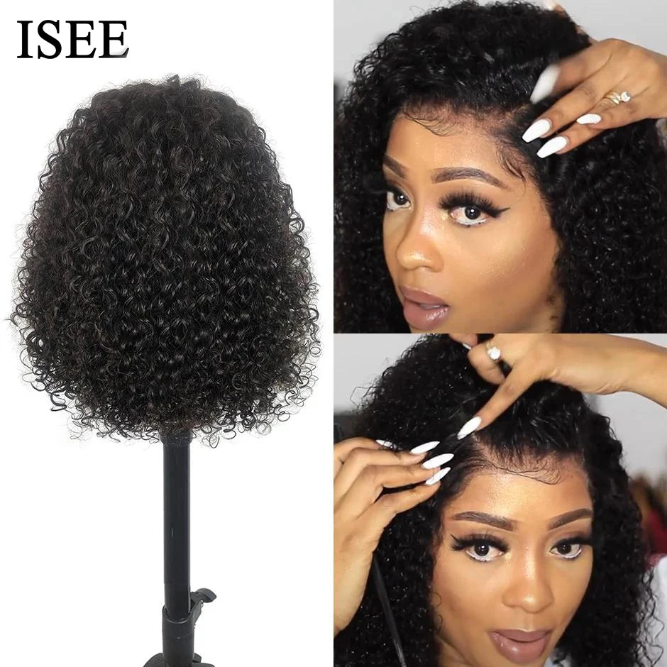 ISEE HAIR Mongolian Curly Lace Front Wigs For Women Kinky Curly Lace Closure Wig 4X4 Lace Closure Bob Wig Curly Human Hair Wigs