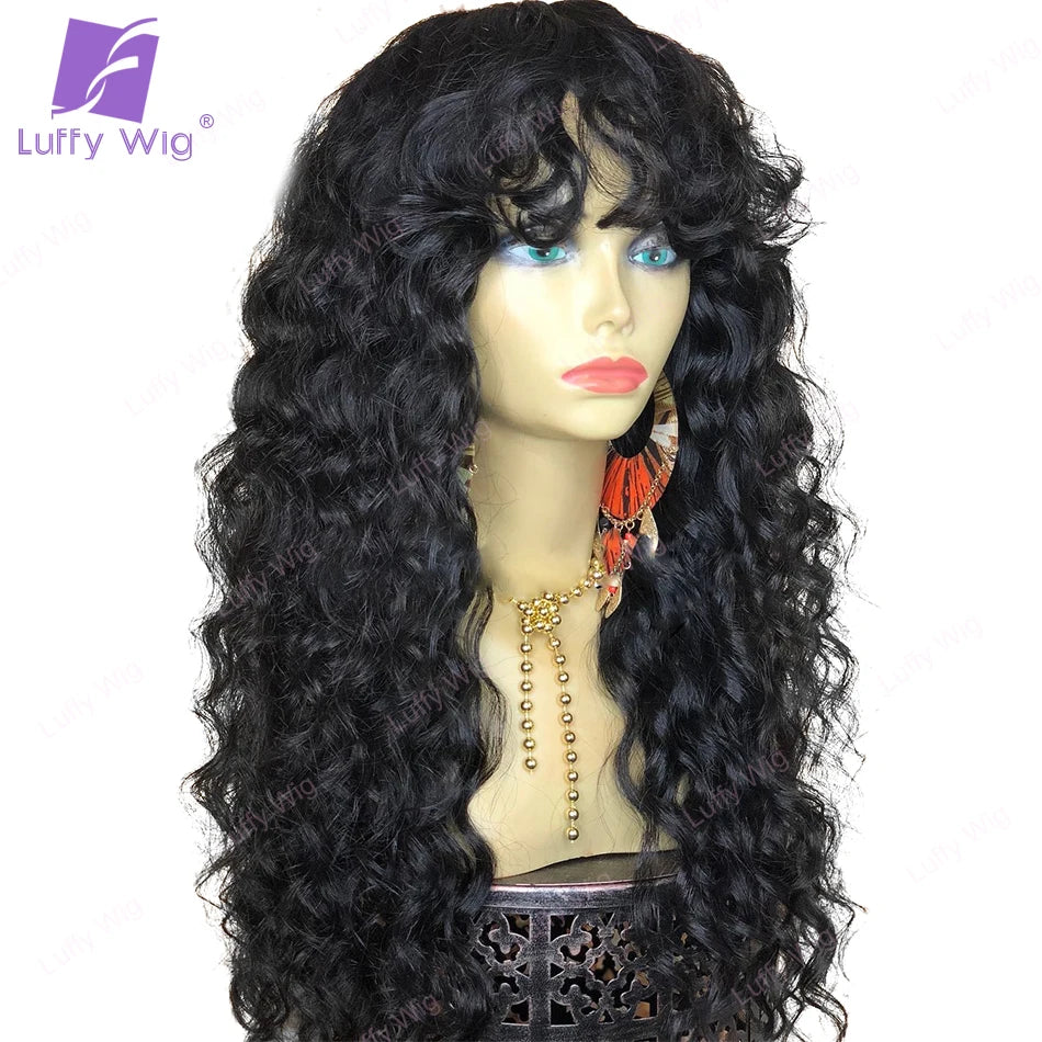 Loose Curly Wigs Human Hair With Bangs Brazilian Remy Hair Scalp Top Curly Bang Wig Glueles 200 Density For Black Women Luffy