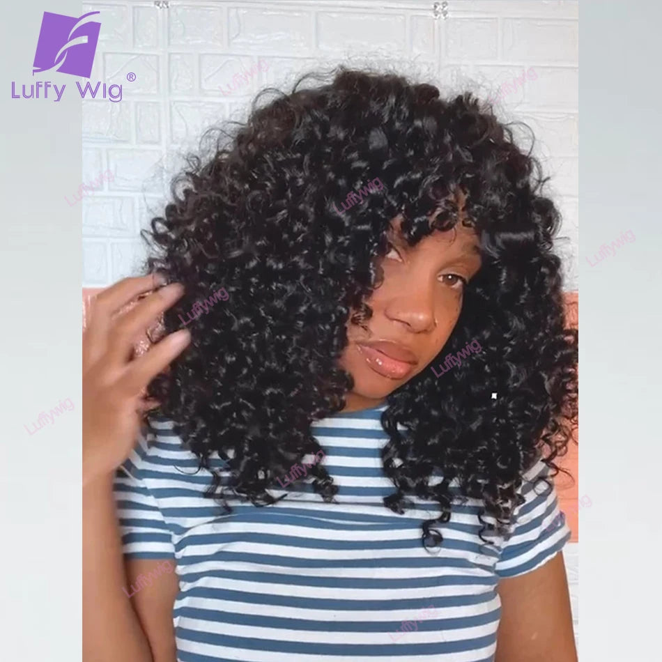 Short Curly Bob Wig With Bangs Brazilian Remy Human Hair Bouncy Curly Bang Wigs Glueles Full 200 Density For Black Women Luffy