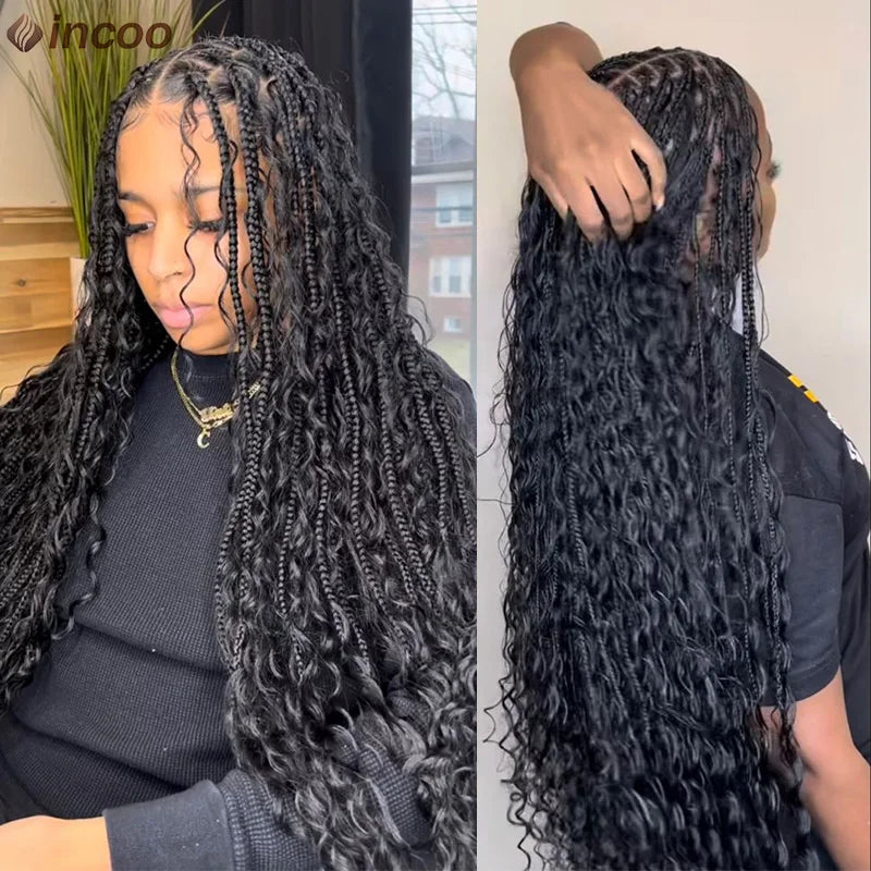 Long 32 Boho Braided Full Lace Front Wigs 613 Blonde Curly Goddess Locs Wigs Pre Plucked With Baby Hair Synthetic Box Braids Wig