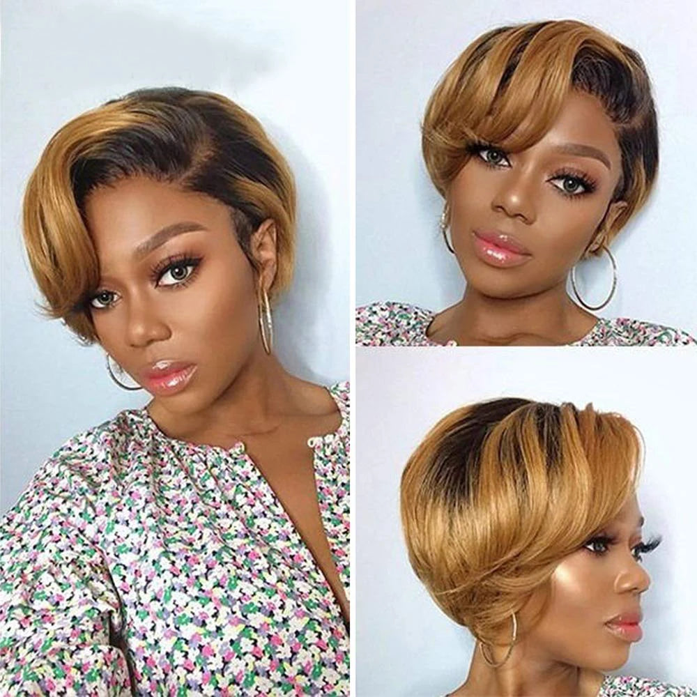 Short Pixie Cut Wig Cheap Human Hair Wigs Straight Bob Wigs With Bangs Full Machine Human Hair Wig for Black Women Black & Ombre