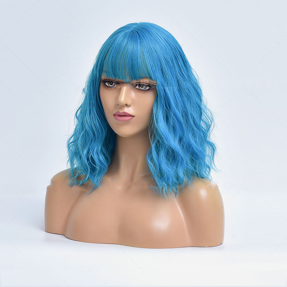 New European And American Style Wig Women's Light Blue Short Curly Hair Chemical Fiber Wig